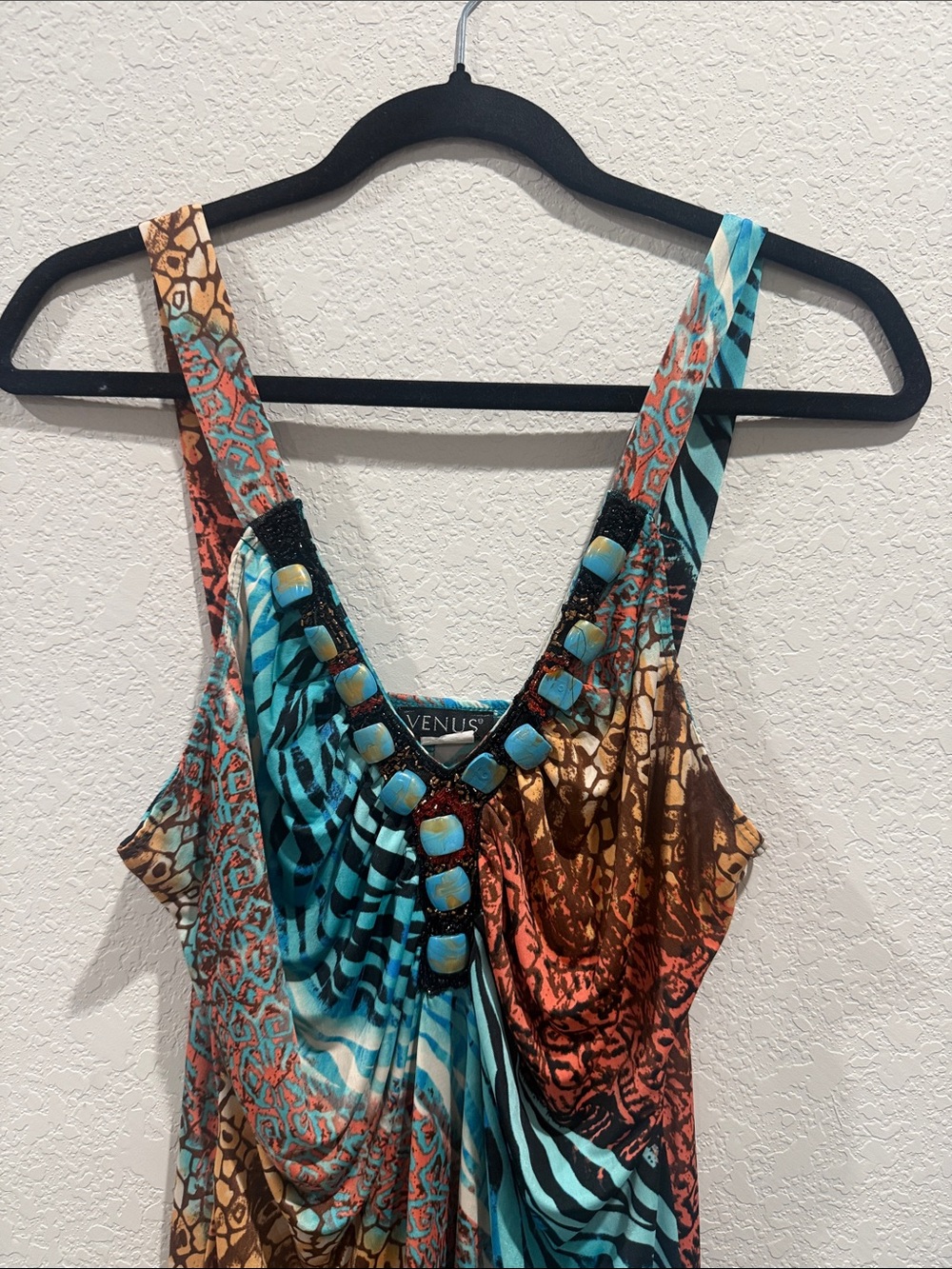 VENUS Turquoise Brown Multi-Print Beaded mini Dress